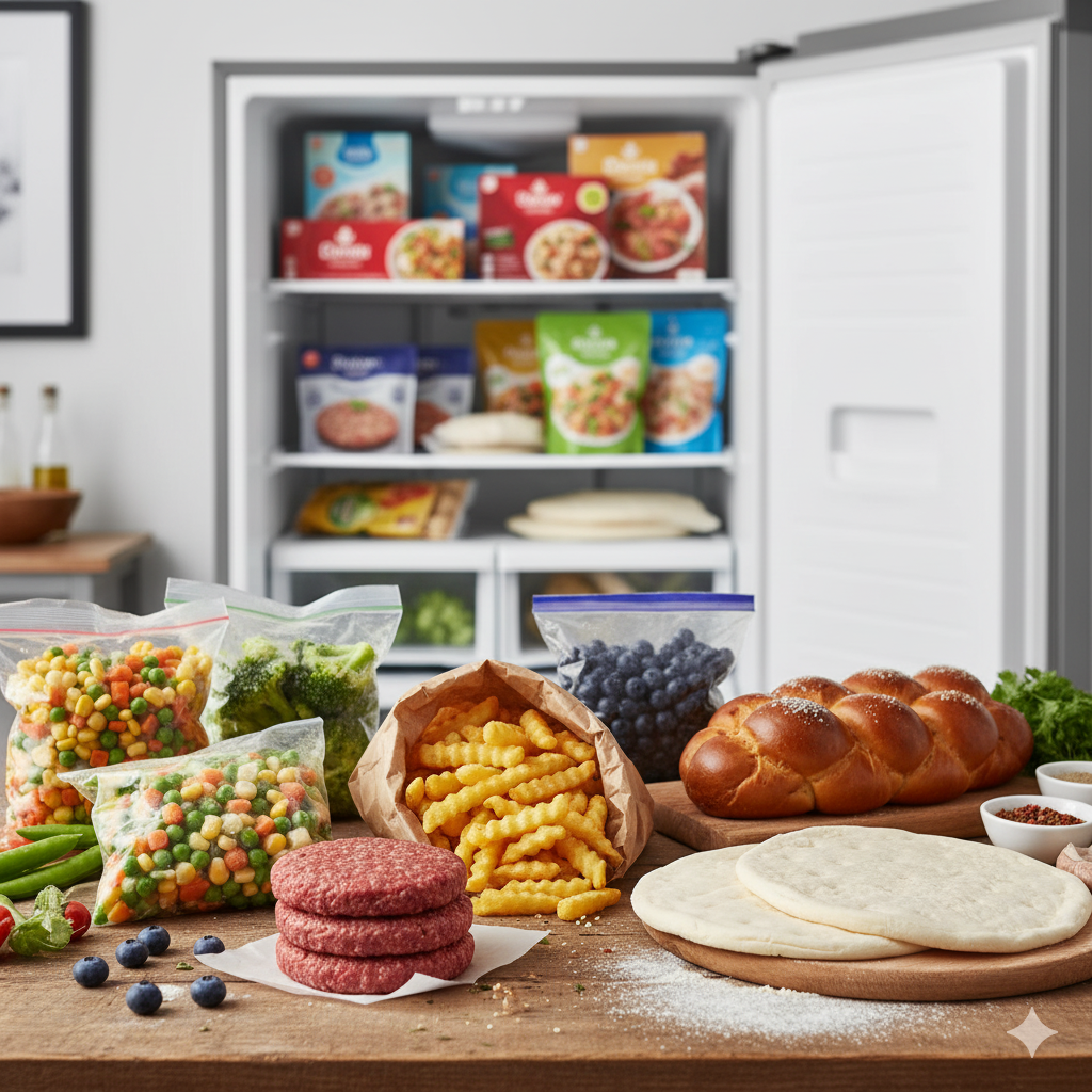 Frozen food background with ice crystals